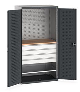 Bott cubio kitted cupboard with lockable steel perfo lined doors 1050mm wide x 650mm deep x 2000mm high.  Supplied with Perfo/Louvre back panels, 1 x wooden worktop, 1 x metal shelf and 4 drawers.   Shelf capacity 100kgs. Drawer Capacity 75kgs.  ... Bott1050mm Wide Industrial Tool Cupboards